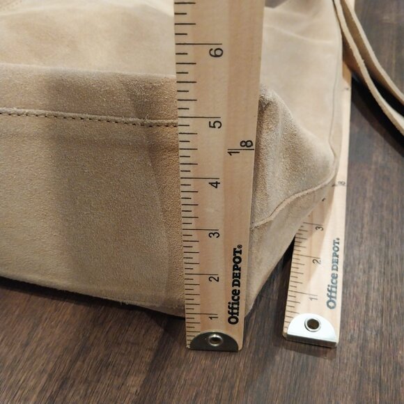 MNG Mango Beige Suede Leather Shoulder Bag Hobo Medium Purse Fringe Zipper - Picture 7 of 12